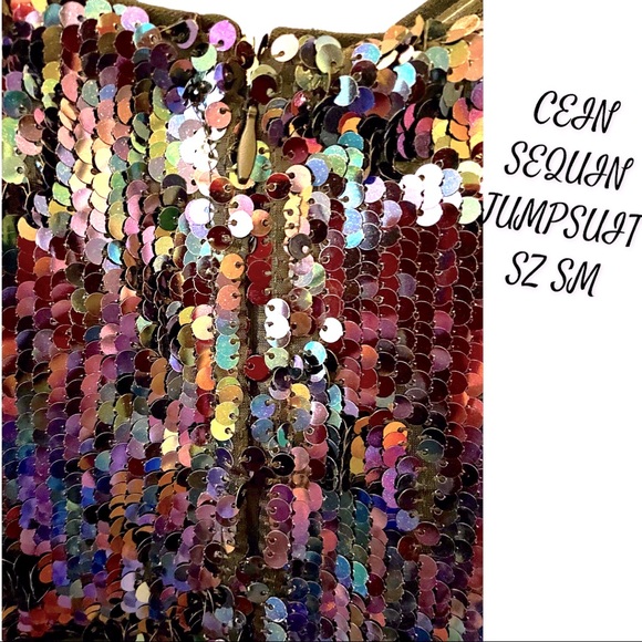 SEQUIN TOP JUMPSUIT SZ SM SILKY WITH SPAGHETTI STRAPS ZIP UP BACK Good Stretch - Picture 5 of 12